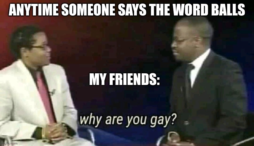 Why are you gay? | ANYTIME SOMEONE SAYS THE WORD BALLS; MY FRIENDS: | image tagged in why are you gay | made w/ Imgflip meme maker
