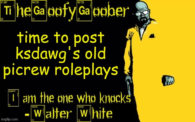 TheGoofyGoober's announcement template | time to post ksdawg's old picrew roleplays | image tagged in thegoofygoober's announcement template | made w/ Imgflip meme maker
