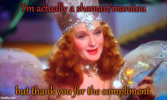 Glenda The Good Witch | I'm actually a shaman/manitou but thank you for the compliment. | image tagged in glenda the good witch | made w/ Imgflip meme maker