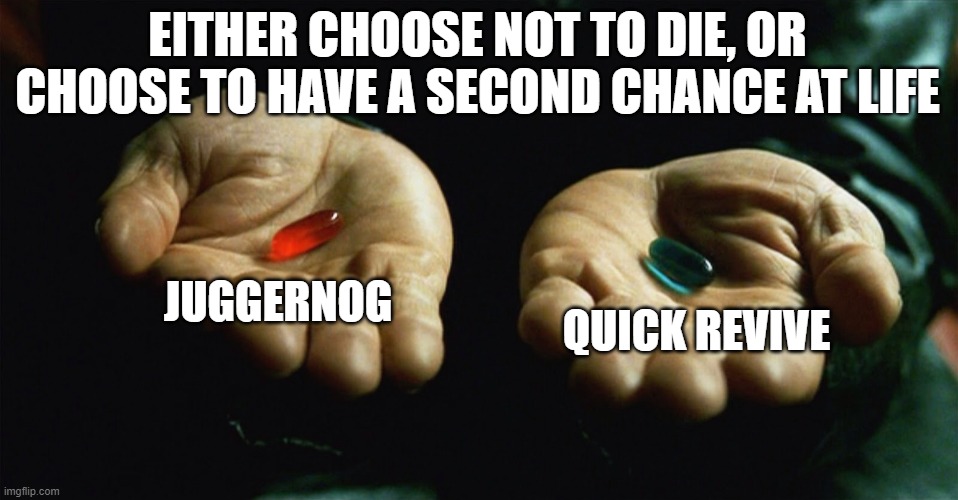 CoD meme #76 | EITHER CHOOSE NOT TO DIE, OR CHOOSE TO HAVE A SECOND CHANCE AT LIFE; JUGGERNOG; QUICK REVIVE | image tagged in red pill blue pill,memes,matrix morpheus,cod,zombies,deep thoughts | made w/ Imgflip meme maker