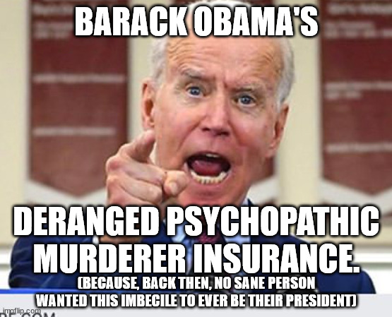 Joe Biden no malarkey | BARACK OBAMA'S (BECAUSE, BACK THEN, NO SANE PERSON WANTED THIS IMBECILE TO EVER BE THEIR PRESIDENT) DERANGED PSYCHOPATHIC MURDERER INSURANCE | image tagged in joe biden no malarkey | made w/ Imgflip meme maker