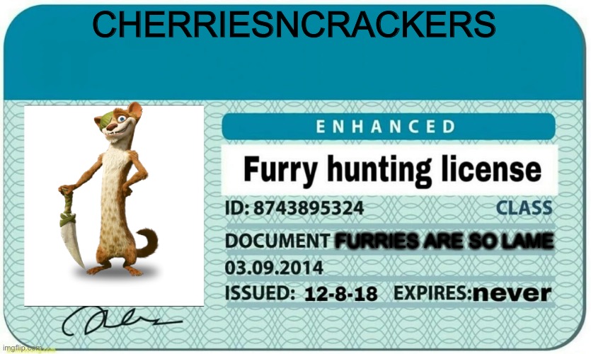 Do not like furries | CHERRIESNCRACKERS; FURRIES ARE SO LAME | image tagged in furry hunting license | made w/ Imgflip meme maker