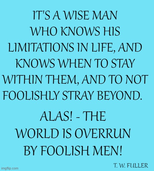 Quotable Quotes | IT'S A WISE MAN WHO KNOWS HIS LIMITATIONS IN LIFE, AND KNOWS WHEN TO STAY WITHIN THEM, AND TO NOT FOOLISHLY STRAY BEYOND. ALAS! - THE WORLD IS OVERRUN BY FOOLISH MEN! T. W. FULLER | image tagged in blue template,memes,quotes,deep thoughts,food for thought,quotable | made w/ Imgflip meme maker
