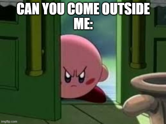 Pissed off Kirby | CAN YOU COME OUTSIDE
ME: | image tagged in pissed off kirby | made w/ Imgflip meme maker