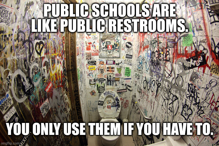 public schools | PUBLIC SCHOOLS ARE LIKE PUBLIC RESTROOMS. YOU ONLY USE THEM IF YOU HAVE TO. | image tagged in public bathroom graffiti | made w/ Imgflip meme maker