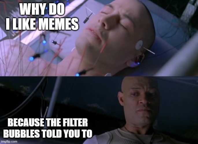 Matrix eyes hurt | WHY DO I LIKE MEMES; BECAUSE THE FILTER BUBBLES TOLD YOU TO | image tagged in matrix eyes hurt | made w/ Imgflip meme maker