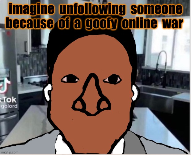 n | imagine  unfollowing  someone  because  of  a  goofy  online  war | image tagged in n | made w/ Imgflip meme maker