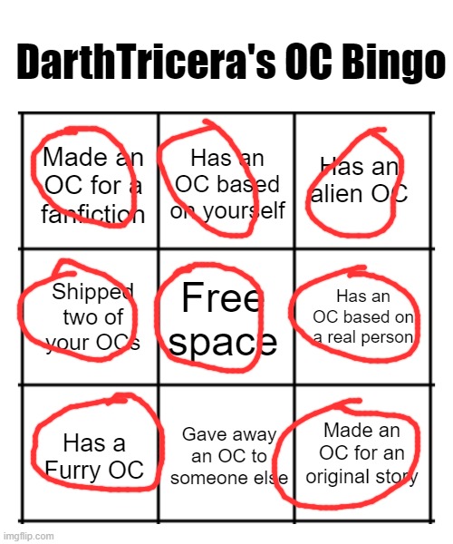 I made my own OC bingo! Link is in comments in case you want to try it out! | image tagged in darthtricera's oc bingo,bingo | made w/ Imgflip meme maker