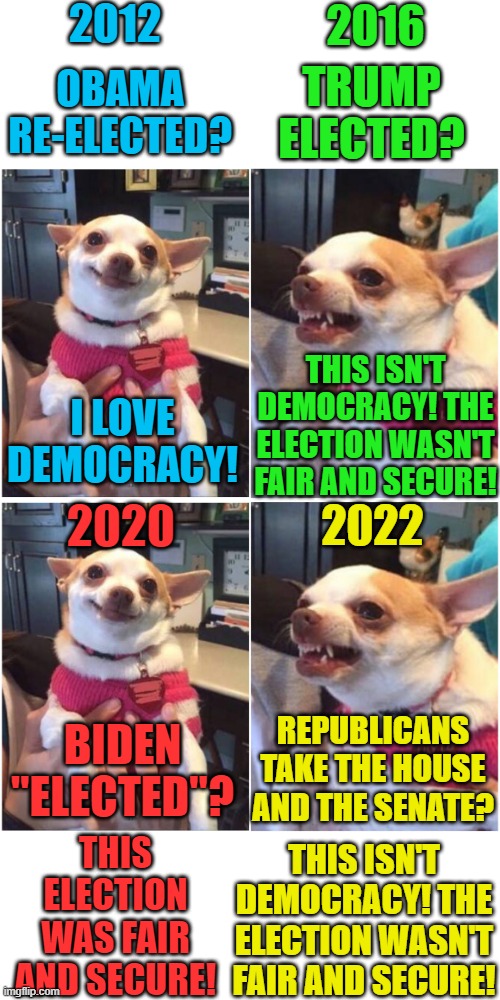 Fair and secure elections! | 2012; 2016; TRUMP ELECTED? OBAMA RE-ELECTED? THIS ISN'T DEMOCRACY! THE ELECTION WASN'T FAIR AND SECURE! I LOVE DEMOCRACY! 2022; 2020; REPUBLICANS TAKE THE HOUSE AND THE SENATE? BIDEN "ELECTED"? THIS ELECTION WAS FAIR AND SECURE! THIS ISN'T DEMOCRACY! THE ELECTION WASN'T FAIR AND SECURE! | image tagged in happy chihuahua angry chihuahua,political meme,elections,stupid liberals | made w/ Imgflip meme maker