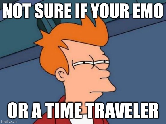 School be like | NOT SURE IF YOUR EMO; OR A TIME TRAVELER | image tagged in memes,futurama fry | made w/ Imgflip meme maker