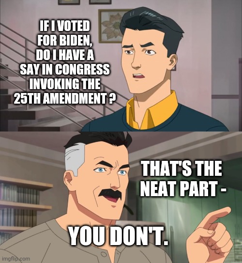 Time for the 25th |  IF I VOTED FOR BIDEN,
DO I HAVE A SAY IN CONGRESS INVOKING THE 25TH AMENDMENT ? THAT'S THE 
NEAT PART -; YOU DON'T. | image tagged in that's the neat part you don't,liberals,25th,leftists,congress,democrats | made w/ Imgflip meme maker
