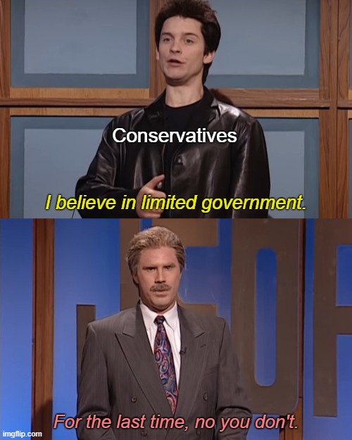 They love hierarchies, police, strong military, monarchy, colonialism, capitalism, etc | Conservatives; I believe in limited government. For the last time, no you don't. | image tagged in i know kung-fu,conservative logic,conservatives,big government,authoritarianism,conservative hypocrisy | made w/ Imgflip meme maker