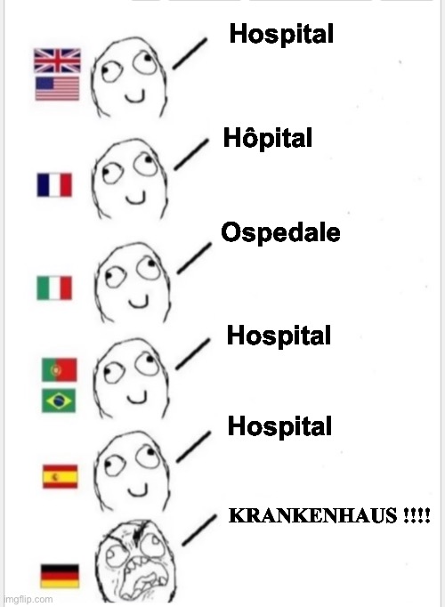 The German Language can sometimes be somewhat ~different~ |  Hospital; Hôpital; Ospedale; Hospital; Hospital; KRANKENHAUS !!!! | image tagged in fun,german,language | made w/ Imgflip meme maker