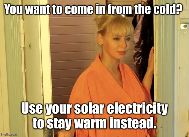 You want to come in from the cold? Use your solar electricity to stay warm instead. | made w/ Imgflip meme maker