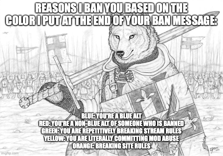 handy little guide | REASONS I BAN YOU BASED ON THE COLOR I PUT AT THE END OF YOUR BAN MESSAGE:; BLUE: YOU'RE A BLUE ALT
RED: YOU'RE A NON-BLUE ALT OF SOMEONE WHO IS BANNED
GREEN: YOU ARE REPETITIVELY BREAKING STREAM RULES
YELLOW: YOU ARE LITERALLY COMMITTING MOD ABUSE
ORANGE: BREAKING SITE RULES | image tagged in fursader | made w/ Imgflip meme maker