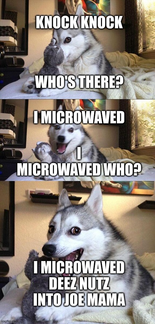 You have been deez nutz'd |  KNOCK KNOCK; WHO'S THERE? I MICROWAVED; I MICROWAVED WHO? I MICROWAVED DEEZ NUTZ INTO JOE MAMA | image tagged in memes,bad pun dog,deez nutz,microwave,not funny | made w/ Imgflip meme maker