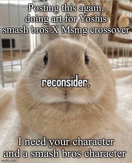 reconsider | Posting this again, doing art for Yoshis smash bros X Msmg crossover; I need your character and a smash bros character | image tagged in reconsider | made w/ Imgflip meme maker