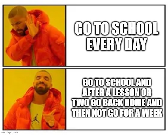 school decisions | GO TO SCHOOL EVERY DAY; GO TO SCHOOL AND AFTER A LESSON OR TWO GO BACK HOME AND THEN NOT GO FOR A WEEK | image tagged in school meme | made w/ Imgflip meme maker