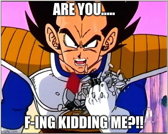 Vegeta over 9000 | ARE YOU..... F-ING KIDDING ME?!! | image tagged in vegeta over 9000 | made w/ Imgflip meme maker