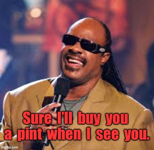 Stevie Wonder | image tagged in stevie wonder,sure i will,buy pint,when,i see you | made w/ Imgflip meme maker