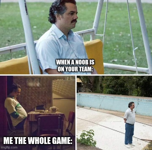 Sad Pablo Escobar | WHEN A NOOB IS ON YOUR TEAM:; ME THE WHOLE GAME: | image tagged in memes,sad pablo escobar | made w/ Imgflip meme maker