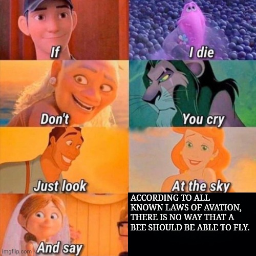 Finish the speech in the comments | ACCORDING TO ALL KNOWN LAWS OF AVATION, THERE IS NO WAY THAT A BEE SHOULD BE ABLE TO FLY. | image tagged in if i die don't you cry,disney,dreamworks,bee movie | made w/ Imgflip meme maker