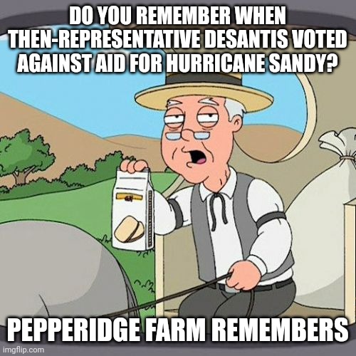 He said it was too expensive and they should have prepared for it. | DO YOU REMEMBER WHEN THEN-REPRESENTATIVE DESANTIS VOTED AGAINST AID FOR HURRICANE SANDY? PEPPERIDGE FARM REMEMBERS | image tagged in memes,pepperidge farm remembers | made w/ Imgflip meme maker
