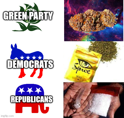 GREEN PARTY; DEMOCRATS; REPUBLICANS | image tagged in democrats,republicans,green party,weed,spice,crack | made w/ Imgflip meme maker
