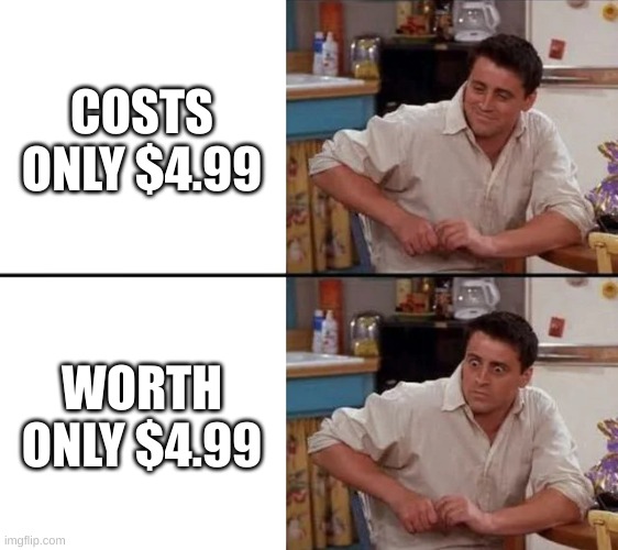 Worth | COSTS ONLY $4.99; WORTH ONLY $4.99 | image tagged in surprised joey | made w/ Imgflip meme maker