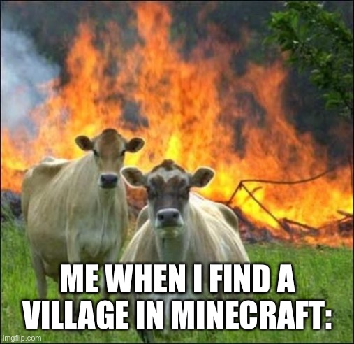Evil Cows | ME WHEN I FIND A VILLAGE IN MINECRAFT: | image tagged in memes,evil cows | made w/ Imgflip meme maker
