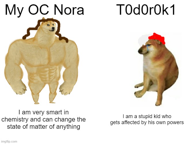 Buff Doge vs. Cheems | My OC Nora; T0d0r0k1; I am very smart in chemistry and can change the state of matter of anything; I am a stupid kid who gets affected by his own powers | image tagged in memes,buff doge vs cheems,chemistry,superhero,mha,ew | made w/ Imgflip meme maker