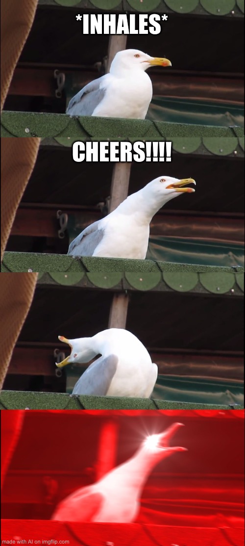 Inhaling Seagull | *INHALES*; CHEERS!!!! | image tagged in memes,inhaling seagull | made w/ Imgflip meme maker