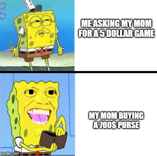 money | ME ASKING MY MOM FOR A 5 DOLLAR GAME; MY MOM BUYING A 700$ PURSE | image tagged in spongebob money meme | made w/ Imgflip meme maker