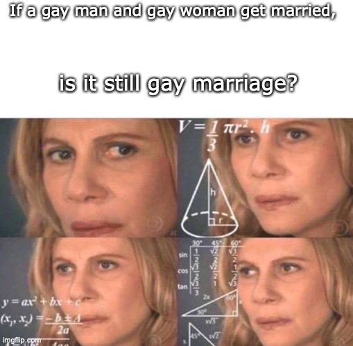 is this gay marriage? | If a gay man and gay woman get married, is it still gay marriage? | image tagged in algebra woman,lgbtq,lgbt | made w/ Imgflip meme maker