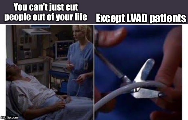 You can’t cut people out of your life | Except LVAD patients; You can’t just cut people out of your life | image tagged in cut people out,out of your life,lvad wire,the wire,people | made w/ Imgflip meme maker