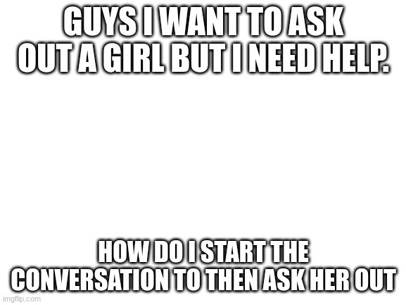 Blank White Template | GUYS I WANT TO ASK OUT A GIRL BUT I NEED HELP. HOW DO I START THE CONVERSATION TO THEN ASK HER OUT | image tagged in blank white template | made w/ Imgflip meme maker