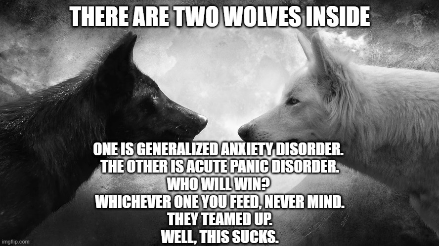anxiety panic wolf | THERE ARE TWO WOLVES INSIDE; ONE IS GENERALIZED ANXIETY DISORDER. 
THE OTHER IS ACUTE PANIC DISORDER.
WHO WILL WIN? 
WHICHEVER ONE YOU FEED, NEVER MIND.
THEY TEAMED UP.
WELL, THIS SUCKS. | image tagged in you have two wolves | made w/ Imgflip meme maker