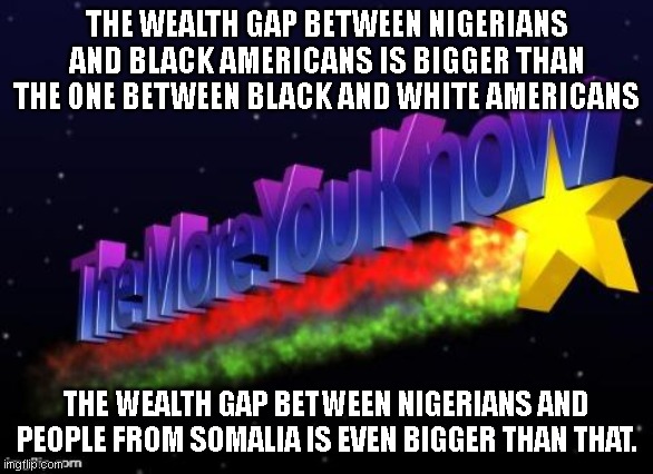hows that for institutional racism.. | THE WEALTH GAP BETWEEN NIGERIANS AND BLACK AMERICANS IS BIGGER THAN THE ONE BETWEEN BLACK AND WHITE AMERICANS; THE WEALTH GAP BETWEEN NIGERIANS AND PEOPLE FROM SOMALIA IS EVEN BIGGER THAN THAT. | image tagged in the more you know | made w/ Imgflip meme maker