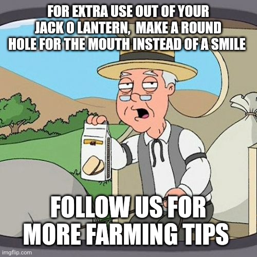 After growing them | FOR EXTRA USE OUT OF YOUR JACK O LANTERN,  MAKE A ROUND HOLE FOR THE MOUTH INSTEAD OF A SMILE; FOLLOW US FOR MORE FARMING TIPS | image tagged in memes,pepperidge farm remembers | made w/ Imgflip meme maker