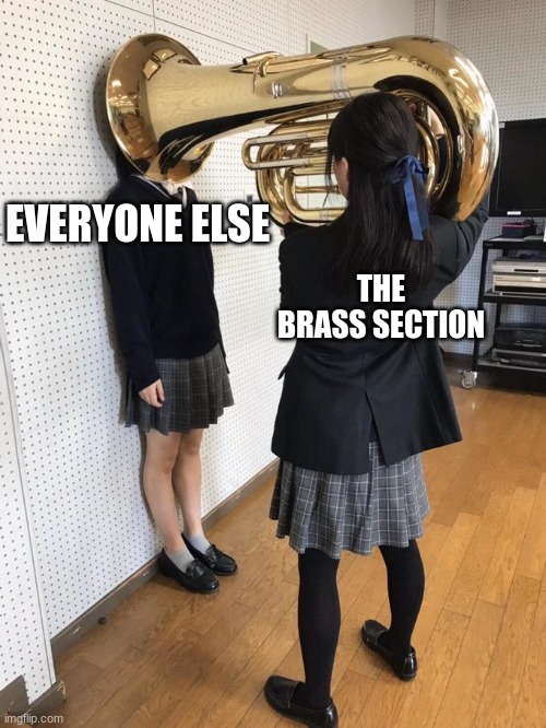 Middle School Band Meme | EVERYONE ELSE; THE BRASS SECTION | image tagged in horn in face,band | made w/ Imgflip meme maker