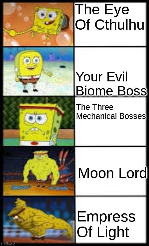Spongbob weak to buff | The Eye Of Cthulhu; Your Evil Biome Boss; The Three Mechanical Bosses; Moon Lord; Empress Of Light | image tagged in spongbob weak to buff,terraria | made w/ Imgflip meme maker