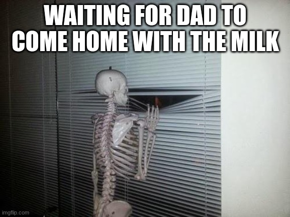 Skeleton Looking Out Window | WAITING FOR DAD TO COME HOME WITH THE MILK | image tagged in skeleton looking out window | made w/ Imgflip meme maker