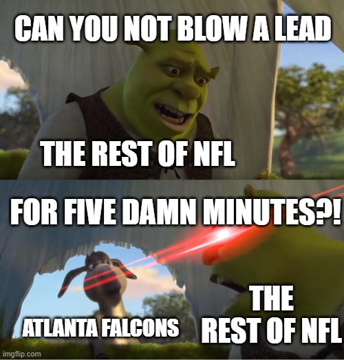 Atlanta Falcons won't stop blowing leads... | CAN YOU NOT BLOW A LEAD; THE REST OF NFL; FOR FIVE DAMN MINUTES?! THE REST OF NFL; ATLANTA FALCONS | image tagged in shrek for five minutes,nfl,nfl memes,atlanta falcons,nfl playoffs | made w/ Imgflip meme maker