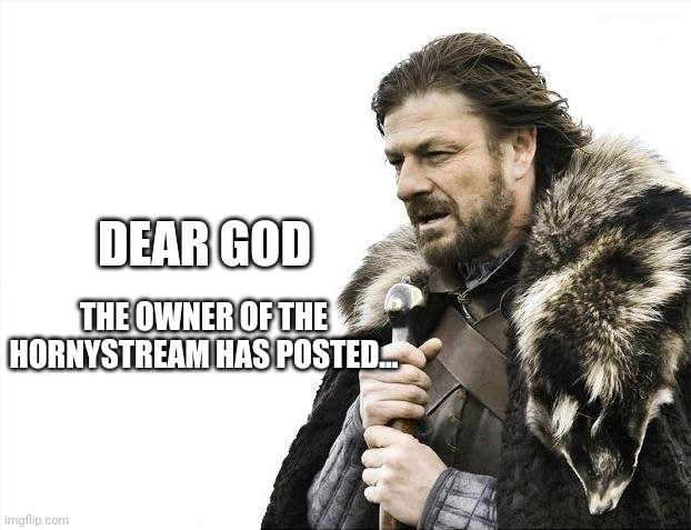 Its bad...... | DEAR GOD; THE OWNER OF THE HORNYSTREAM HAS POSTED... | image tagged in memes,brace yourselves x is coming | made w/ Imgflip meme maker