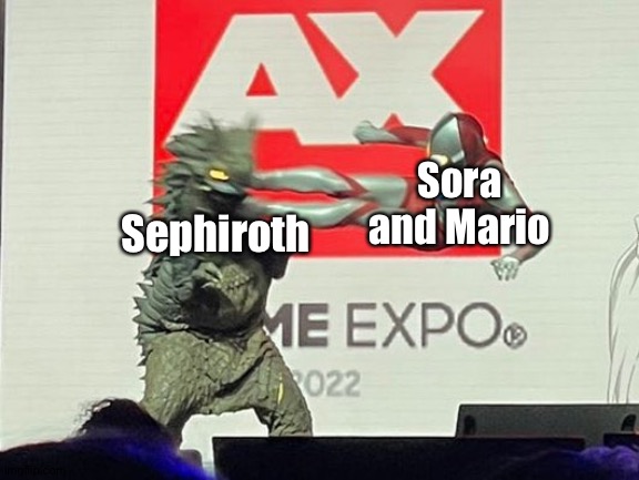 Drop Kick Ultraman | Sora and Mario; Sephiroth | image tagged in drop kick ultraman | made w/ Imgflip meme maker