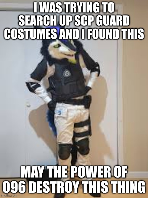 What is this | I WAS TRYING TO SEARCH UP SCP GUARD COSTUMES AND I FOUND THIS; MAY THE POWER OF 096 DESTROY THIS THING | image tagged in cursed,helpme | made w/ Imgflip meme maker