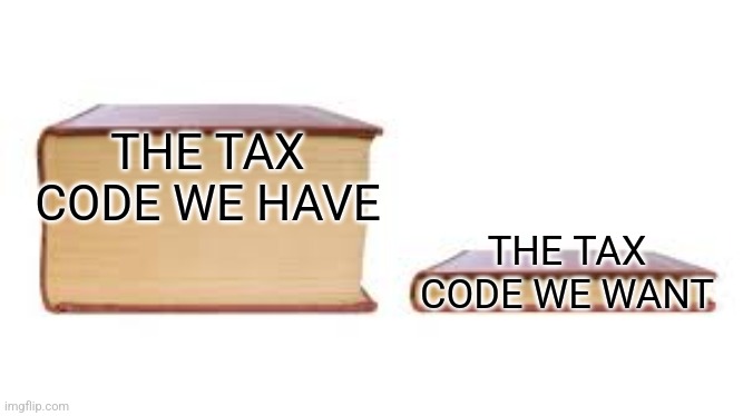 Big book small book | THE TAX CODE WE HAVE; THE TAX CODE WE WANT | image tagged in big book small book | made w/ Imgflip meme maker