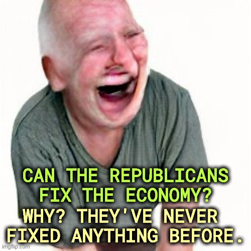 CAN THE REPUBLICANS FIX THE ECONOMY? WHY? THEY'VE NEVER 
FIXED ANYTHING BEFORE. | image tagged in republicans,fix,economy,never,incompetence | made w/ Imgflip meme maker