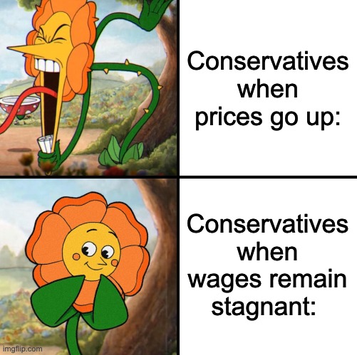 Pulling yourself up by your bootstraps is not going to fix the cost of living. | Conservatives when prices go up:; Conservatives when wages remain stagnant: | image tagged in angry flower,minimum wage,inflation | made w/ Imgflip meme maker