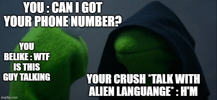 Evil Kermit Meme | YOU : CAN I GOT YOUR PHONE NUMBER? YOU BELIKE : WTF IS THIS GUY TALKING; YOUR CRUSH *TALK WITH ALIEN LANGUANGE* : H'M | image tagged in memes,evil kermit | made w/ Imgflip meme maker